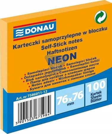 Bloczek samop. DONAU 76x76 100szt neon orange