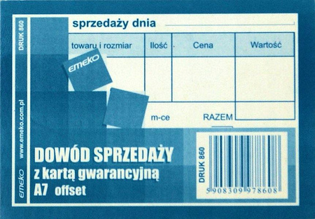 Druk Dowód sprzedaży z karta gwar. Emeko 860 A7