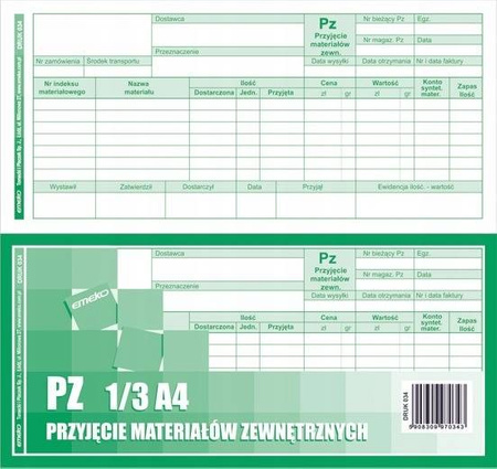 Druk Przyjęcie materiałów PZ Emeko 034 1/3 A4