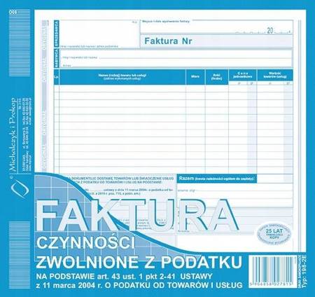 Faktura czynności zwolnione z podatku 198-2E 2/3A4