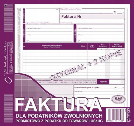 Faktura dla zwolnionych z podatku 212-2E 2/3A4 81