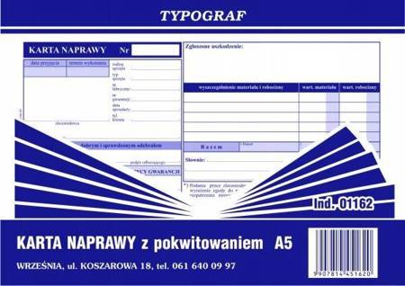 Karta naprawy z pokwitowaniem Typograf 01162 A5 80