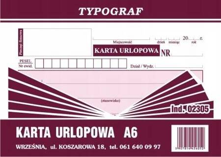 Karta urlopowa Typograf 02305 A6 80 kartek offset