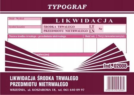 Likwidacja środka trwałego LT-LN Typograf 02008 A6