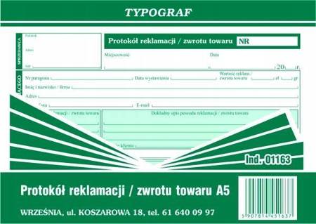 Protokół reklamacji/zwrotu towaru Typograf 01163 A