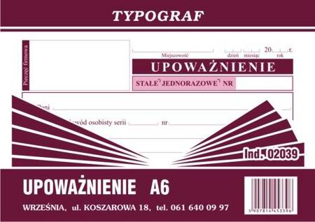 Upoważnienie Typograf 02039 A6 80 kartek