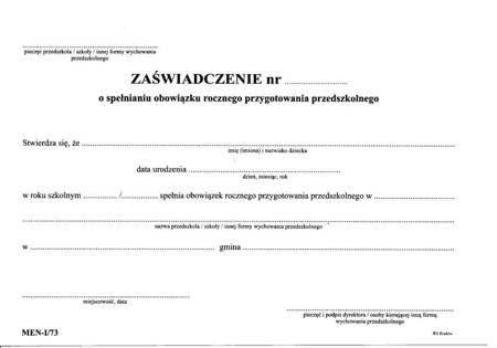 Zaświadczenie o spełnianiu obowiązku rocznego przygotowania przedszkolnego dla dzieci spełniających obowiązek rocznego przygotowania przedszkolnego